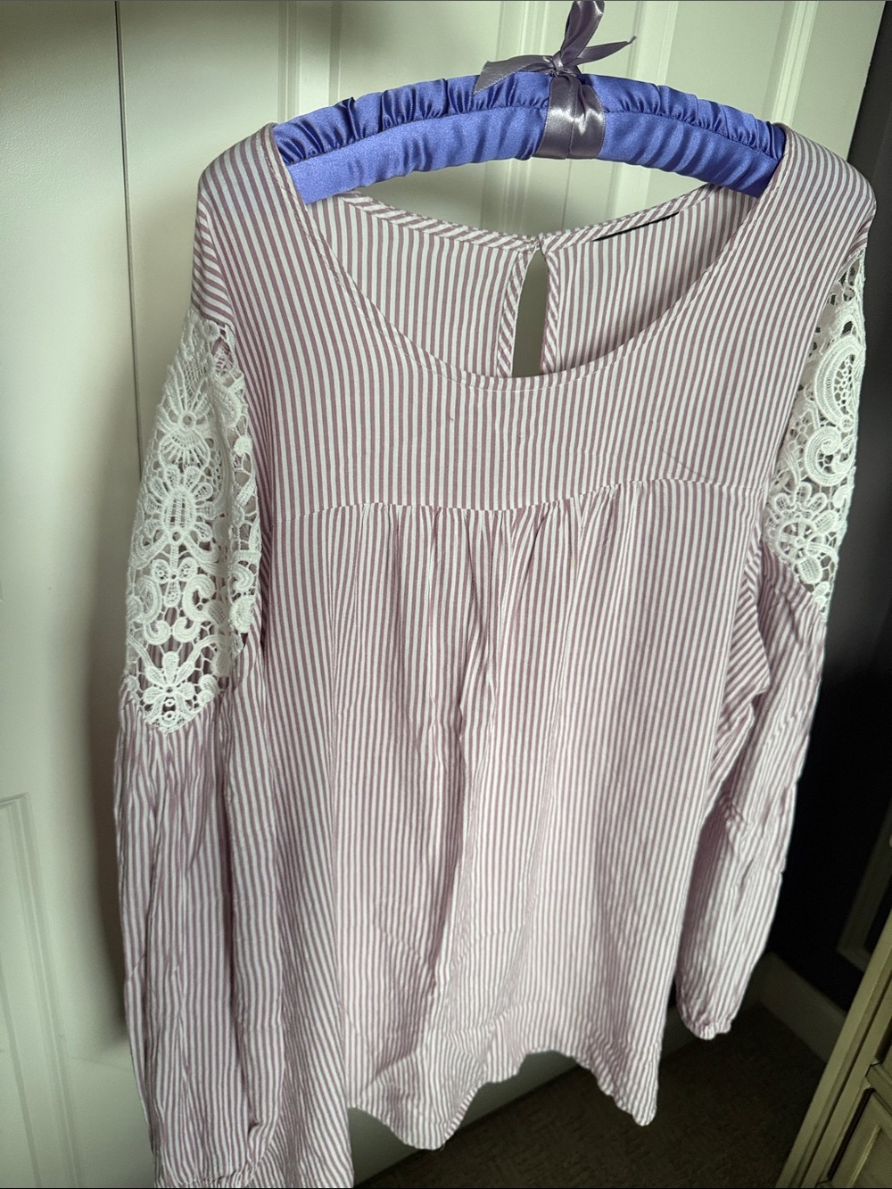 Striped Lace Crochet Long Sleeves Women’s Blouse 2X